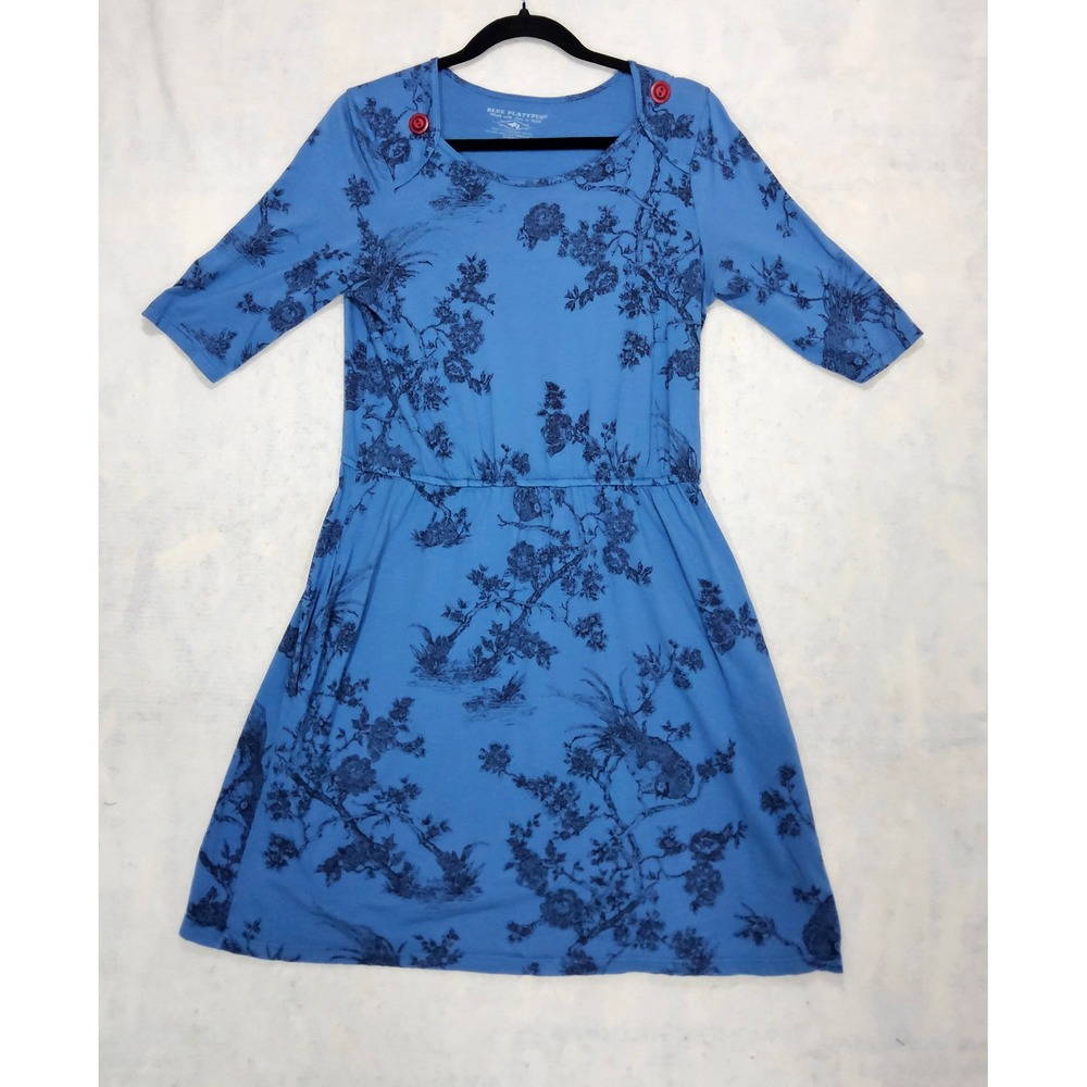 Blue Platypus JD Williams Dress M 8 10 Bird Floral Toile Print Jersey 3/4 Sleeve